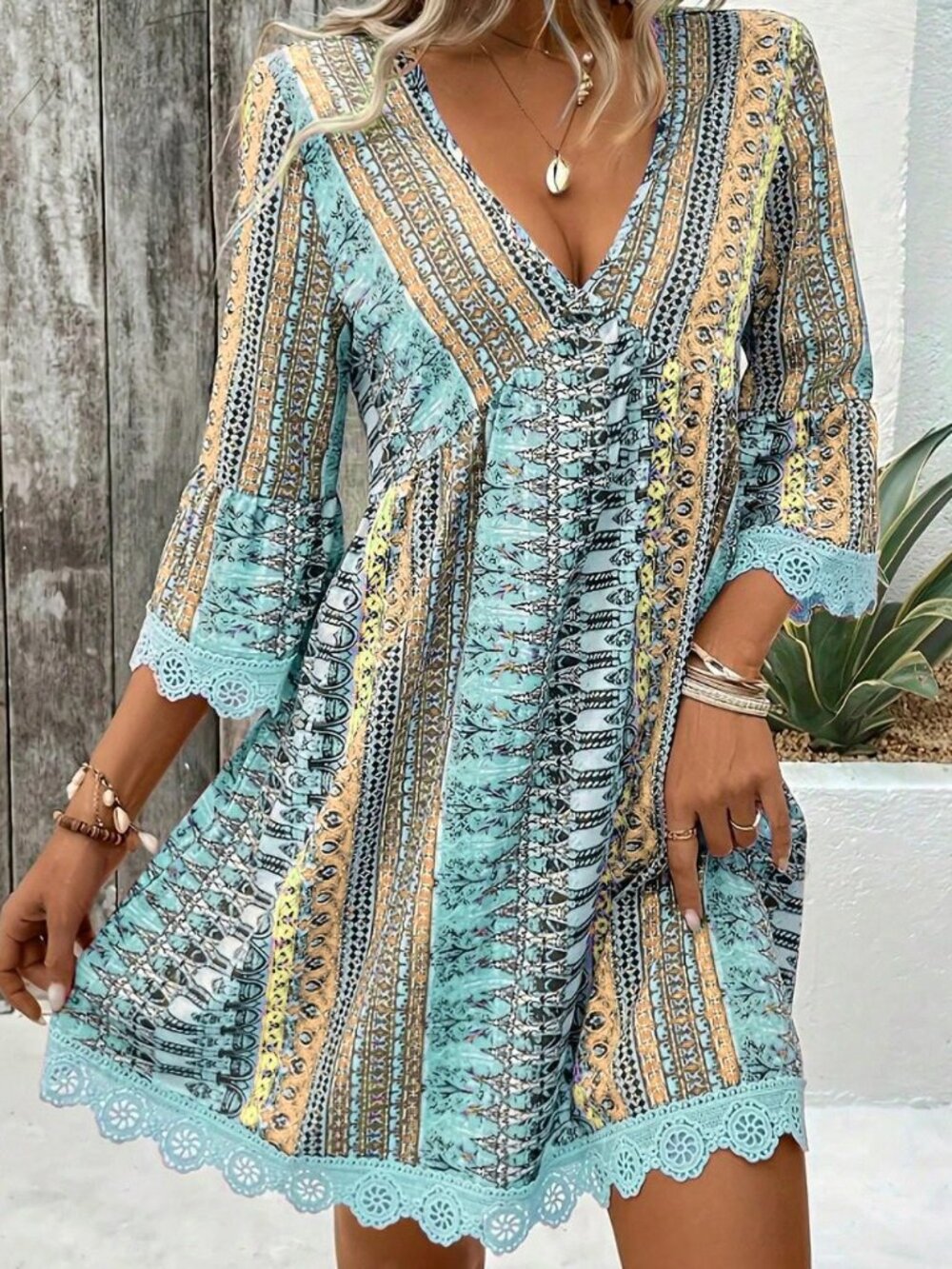 Multicolor Lake Blue Printed V-Neck A-Line Dress